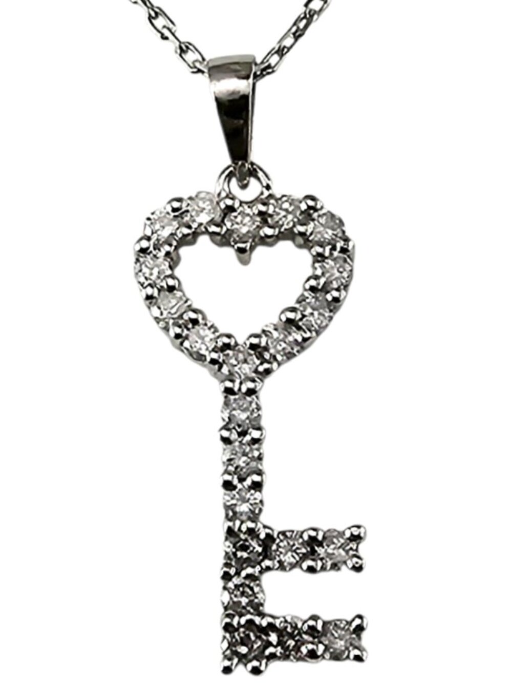 14K White Gold Diamond Heart Key Pendant Necklace 18" #25123